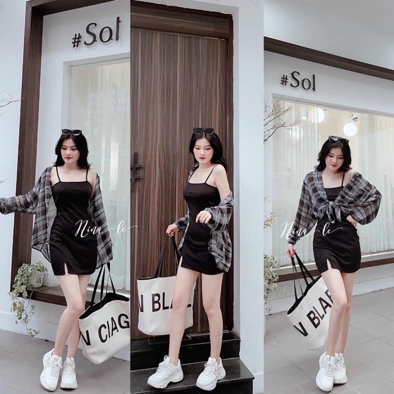 Set đầm Body + áo sơ mi caro bigsize 50-90kg