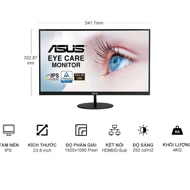 Màn Hình ASUS Bảo Vệ Mắt VL249HE 23,8'' Full HD (1920x1080) 5ms 75Hz IPS Adaptive-Sync/FreeSync - Hàng Chính Hãng