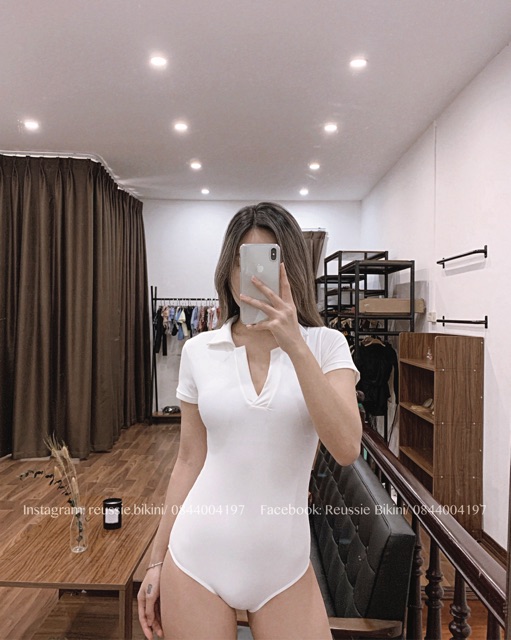 𝑹𝑬𝑼𝑺𝑺𝑰𝑬 𝑩𝑰𝑲𝑰𝑵𝑰 Đồ bơi liền cộc tay dáng polo đen, trắng phong cách Hàn Quốc #rsbkn109