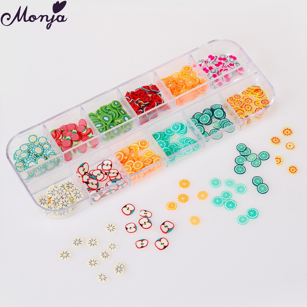 Monja Hộp phụ kiện trang trí móng tay 12 ô hình trái cây 3D DIY dễ thương