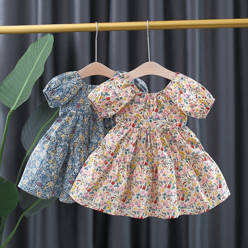 Đầm cotton tay phồng dài in họa tiết hoa phong cách phương Tây thời trang mùa hè cho bé gái 9 tháng-3 tuổi