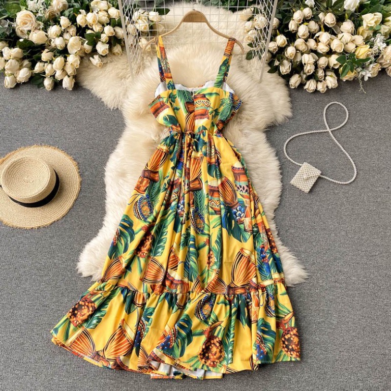 Váy hoa maxi LUHAZO 2 dây đi biển đi chơi hở lưng dáng dài rộng bigsize kiểu sang chảnh Hàn Quốc dk7t503