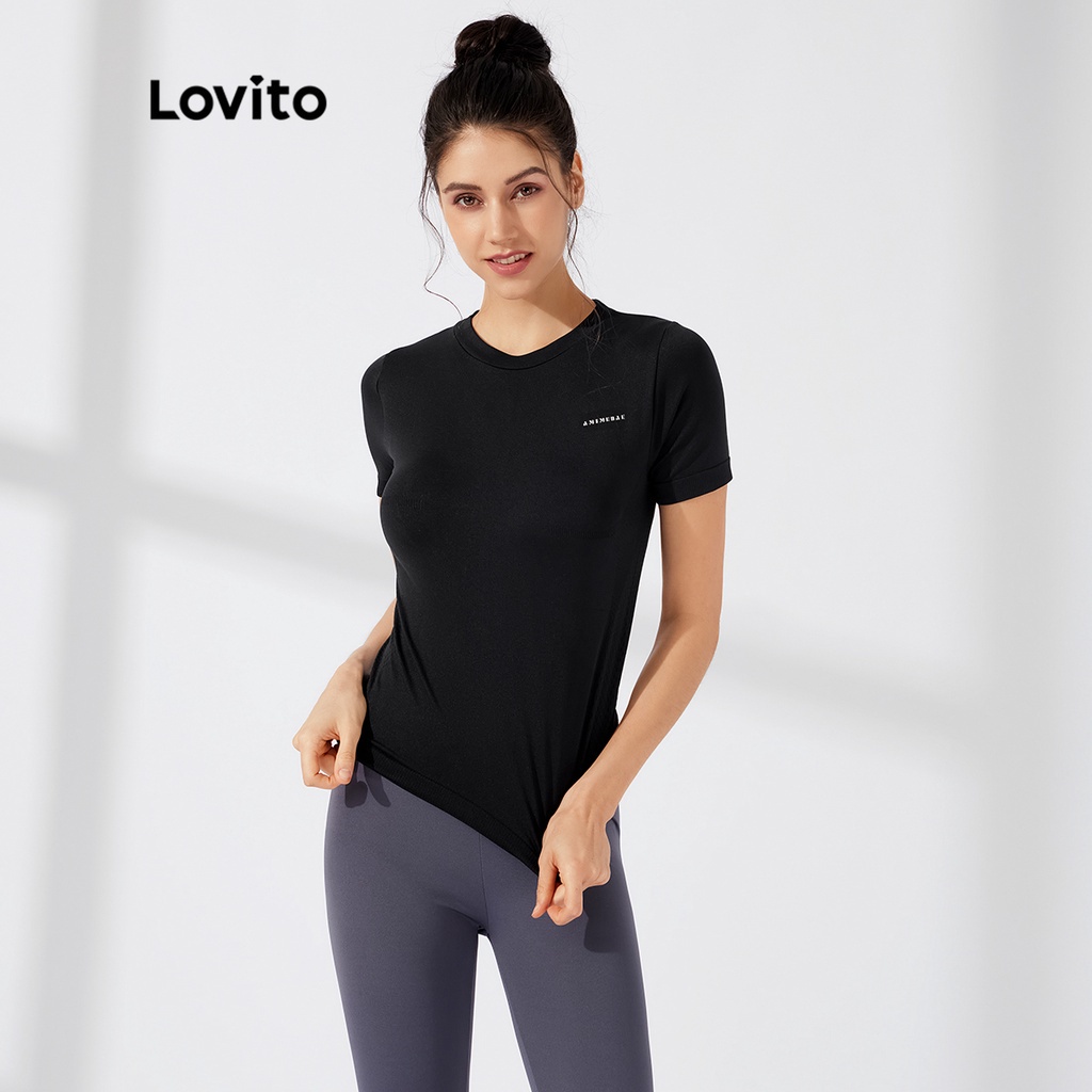 Áo thun thể thao Lovito in chữ ôm dáng tay ngắn L23AD009 (màu đen/ màu tím/ màu đỏ gỗ)