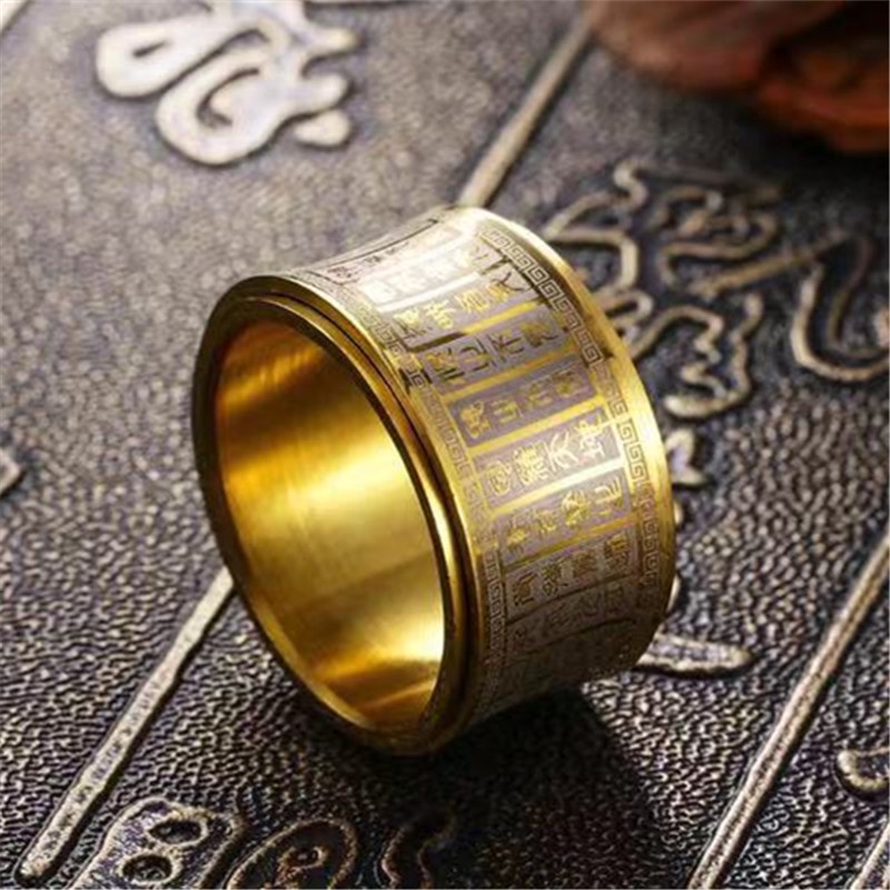 Nhẫn inox bản rộng không gỉ xoay được chống gỉ sét chống thấm nước khắc thần chú màu vàng cho nam