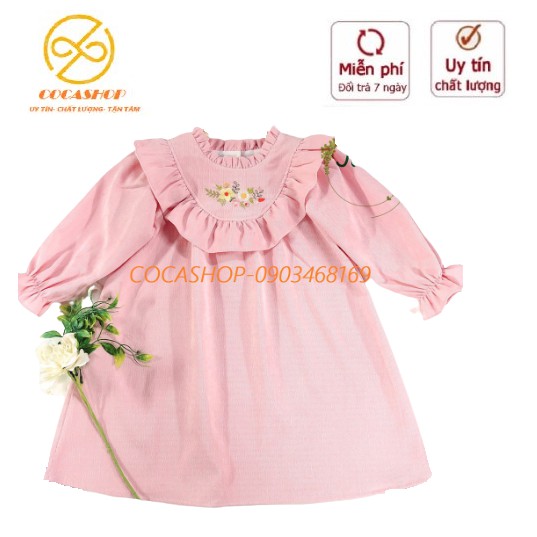 VÁY DÀI TAY  NHUNG TĂM MÀU HỒNG CỔ THÊU HOA NHÚN BÈO CÁCH ĐIỆU  SIZE 1Y-8Y