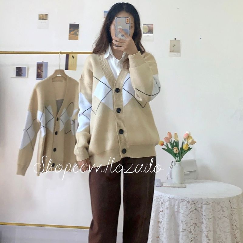 Áo khoác cardigan LOZADO áo khoác len dáng dài form rộng kẻ sọc chéo kim cương - A175