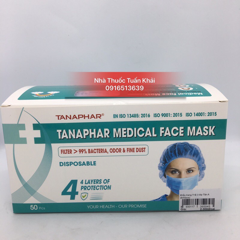 Khẩu trang Tanaphar 4 lớp giấy kháng khuẩn- không gây mụn hộp 50 chiếc