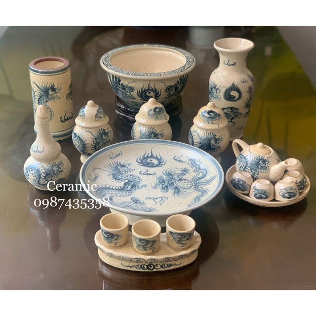 Combo bộ đồ thờ men rạn dáng lựu gốm sứ Bát Tràng