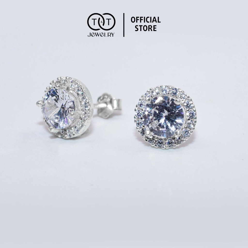 Bông Tai Bạc Ý Đính Đá Viền Tròn s925 T&amp;T Jewelry nụ đá cao cấp cho nữ BT012