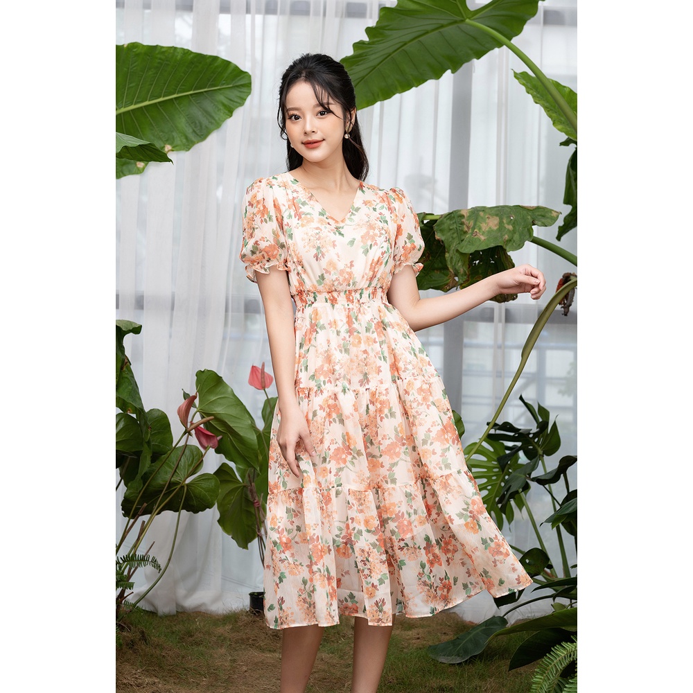 Váy Hoa Dài Dáng Xòe LUPERI Cổ Chữ V Thanh Lịch, Vải Voan Tơ Hàn Mỏng Nhẹ Phù Hợp Cho Nàng Dạo Phố LFV3277