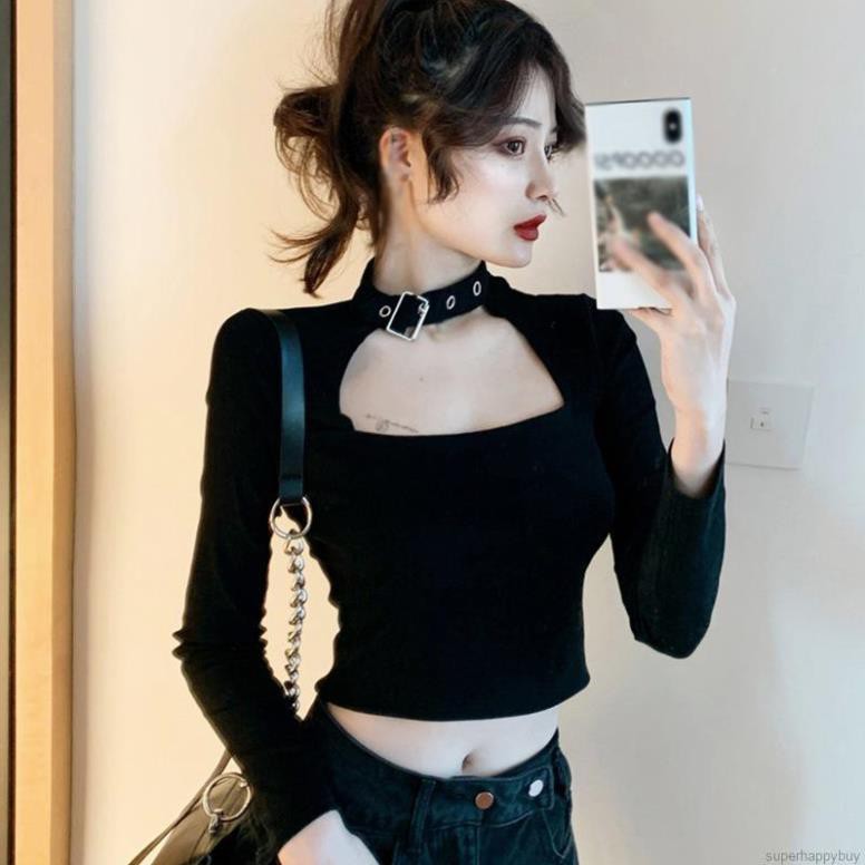 Áo Thun Croptop Tay Dài Cổ Vuông Hở Bụng Thời Trang Hàn Quốc Dành Cho Nữ  ྇