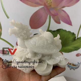 Tượng đá long quy - Rùa đầu rồng trang trí phong thủy - Cao 10cm - Màu trắng đá non nước