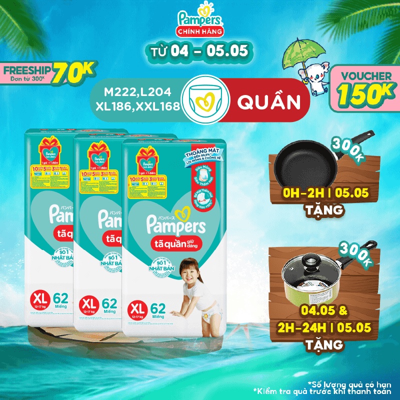 Bộ 3 Tã Quần Pampers Giữ Dáng Mới Gói Cực Đại M74/L68/XL62/XXL56