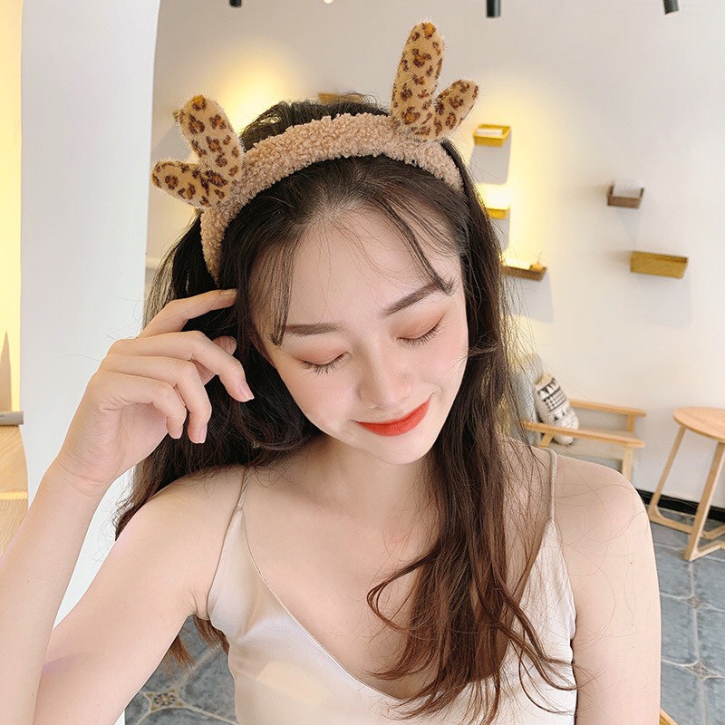 Bờm Cài Tóc Băng Đô Lông Sừng Tuần Lộc Đỏ Sừng Hươu Cute Dễ Thương Phong Cách Hàn Quốc