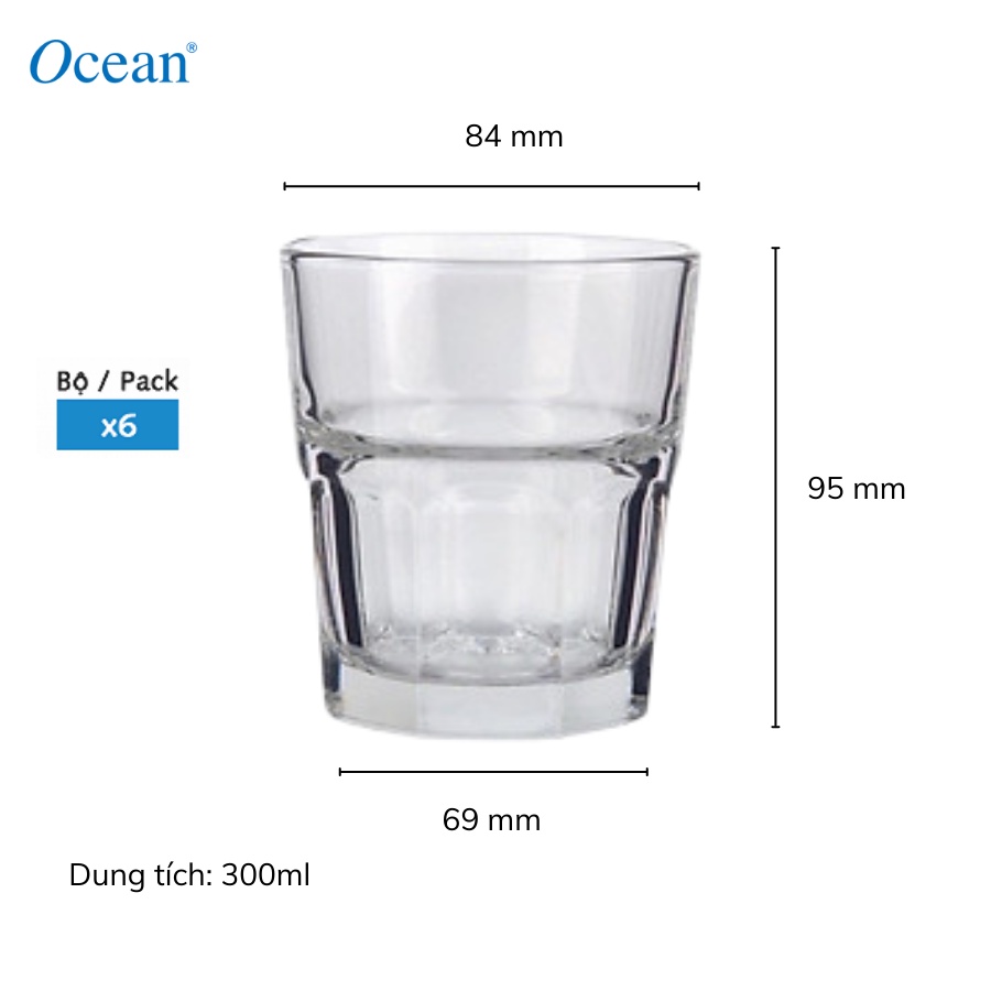 Bộ 6 ly thủy tinh Ocean Centra Rock 300ml - Chính Hãng