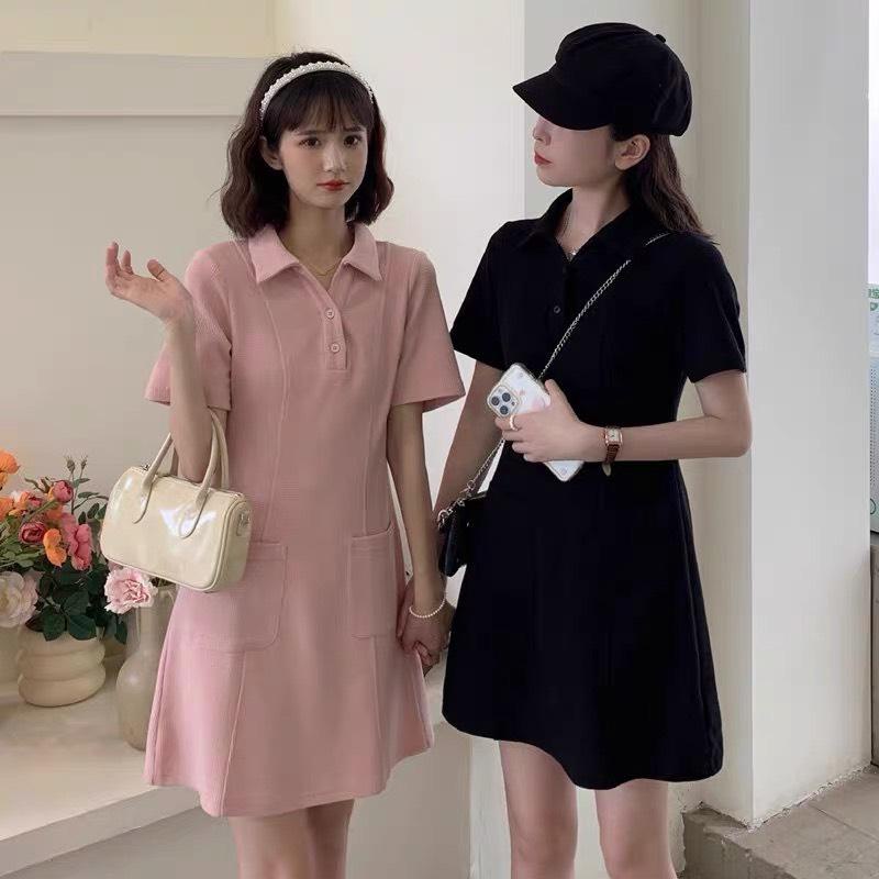 ✨BÁN SỈ✨Đầm polo 2 màu đen ,hồng chất cá sấu 2 túi hông