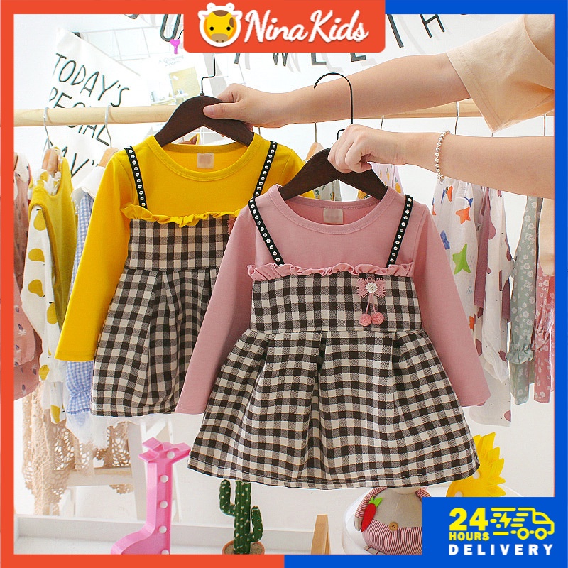 Đầm tay dài chất liệu cotton họa tiết caro đính đá xinh xắn cho bé gái 0-4 tuổi