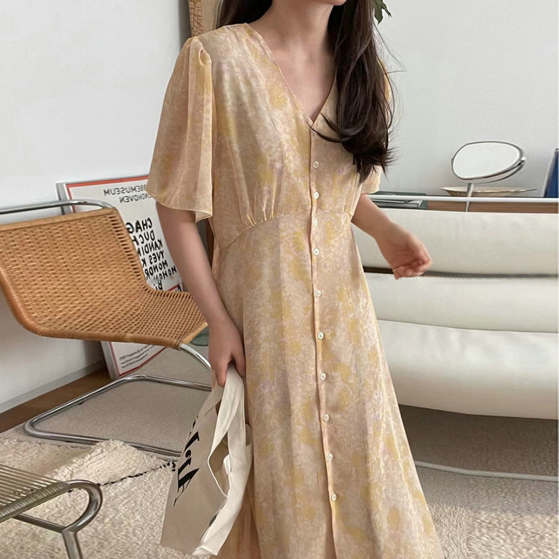 Đầm voan hoa ngắn tay cổ chữ v xinh xắn cho nữ 42984