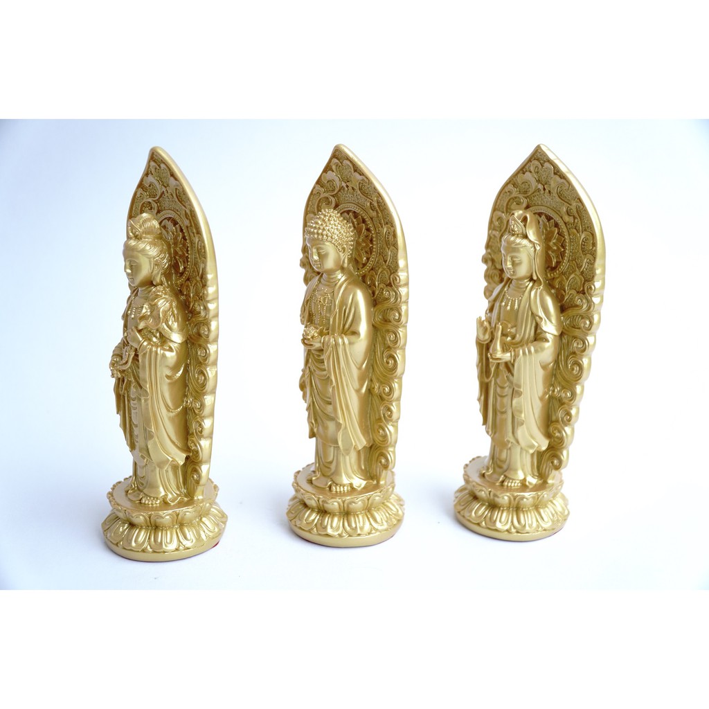 Bộ 3 tượng Tam Thế Phật Tây Phương Tam Thánh đứng nhũ vàng - Cao 18cm