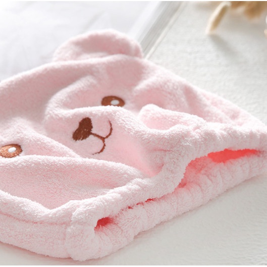 Mũ Trùm Đầu Làm Khô Tóc Sau Khi Tắm, Vải Nhung Dày Dặn, Hình Gấu Hoạt Hình Siêu Đáng Yêu