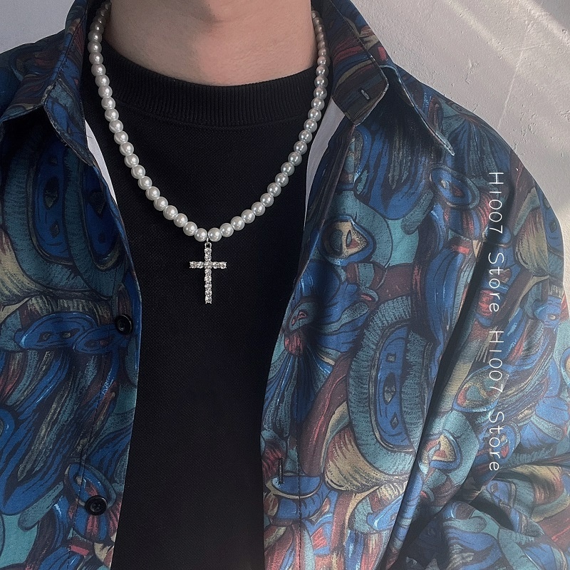 Vòng cổ Chuỗi Ngọc Trai Mặt Thánh Giá Phong Cách Punk Thời Trang Cho Nam Và Nữ