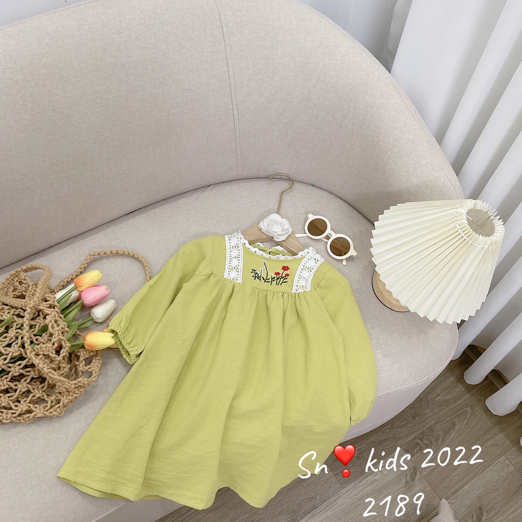 Đầm babydoll cho bé gái, váy babydoll vải đũi cara cổ thêu hoa xịn xò cho bé