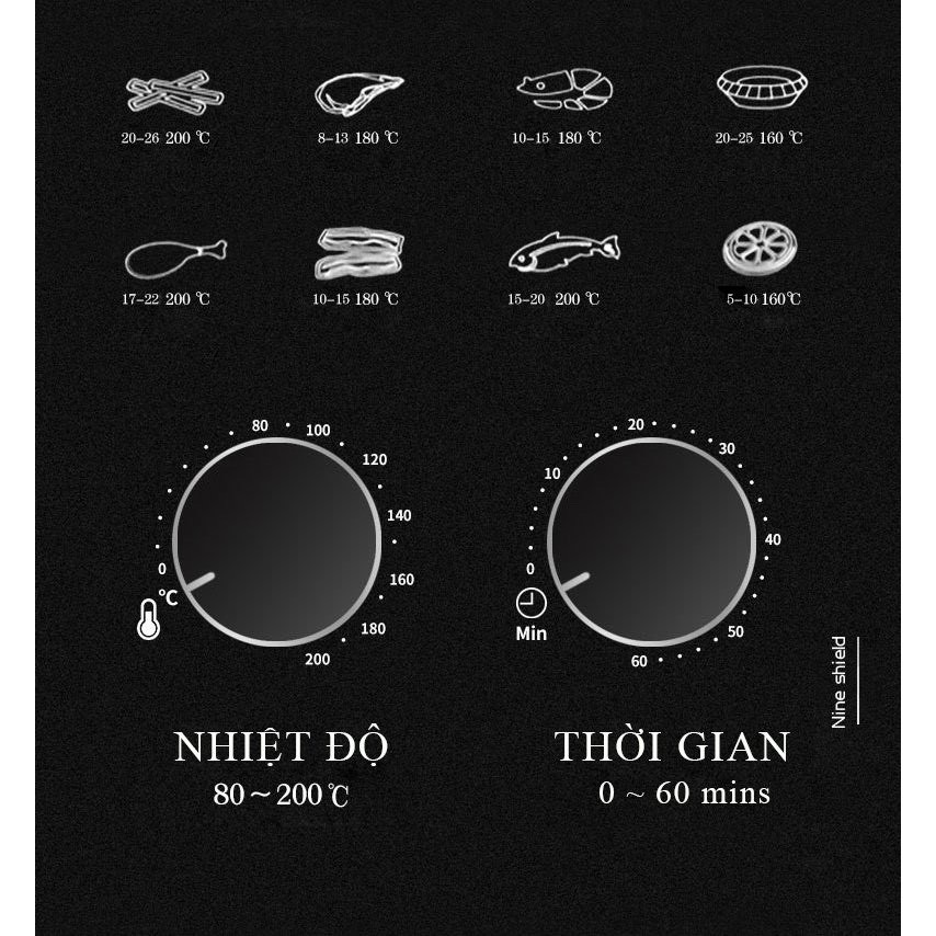 Nồi chiên không dầu Nine Shield FREESHIP Hàng chính hãng_núm xoay cơ_giảm dầu mỡ_tốt cho sức khỏe_BH 12 THÁNG