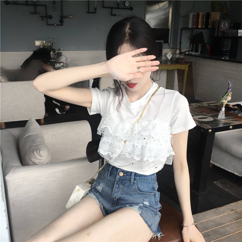 Áo Thun Tay Ngắn Giả Hai Lớp Phong Cách Hàn Quốc Cho Nữ | BigBuy360 - bigbuy360.vn