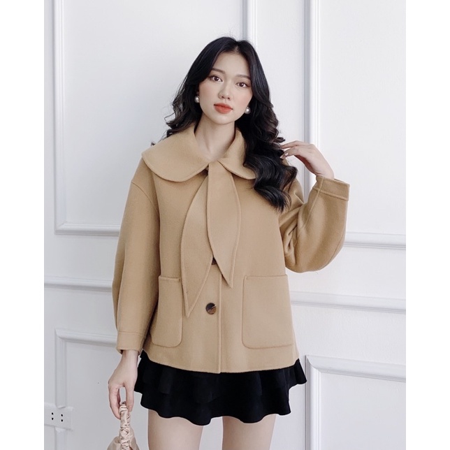 Áo khoác dạ dây nơ cổ rời cao cấp - A3698
