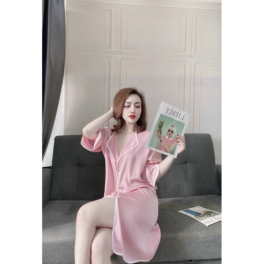 Váy Ngủ Lụa Đầm Ngủ Sơ Mi Đồ Ngủ Nữ Pijama Lụa Cao Cấp