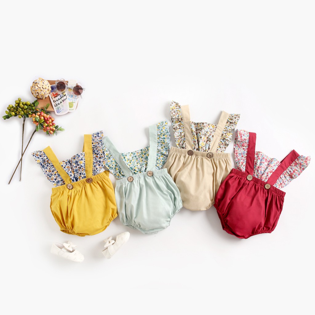 Áo liền quần ngắn Sanlutoz bằng cotton họa tiết hoa mùa hè cho bé gái