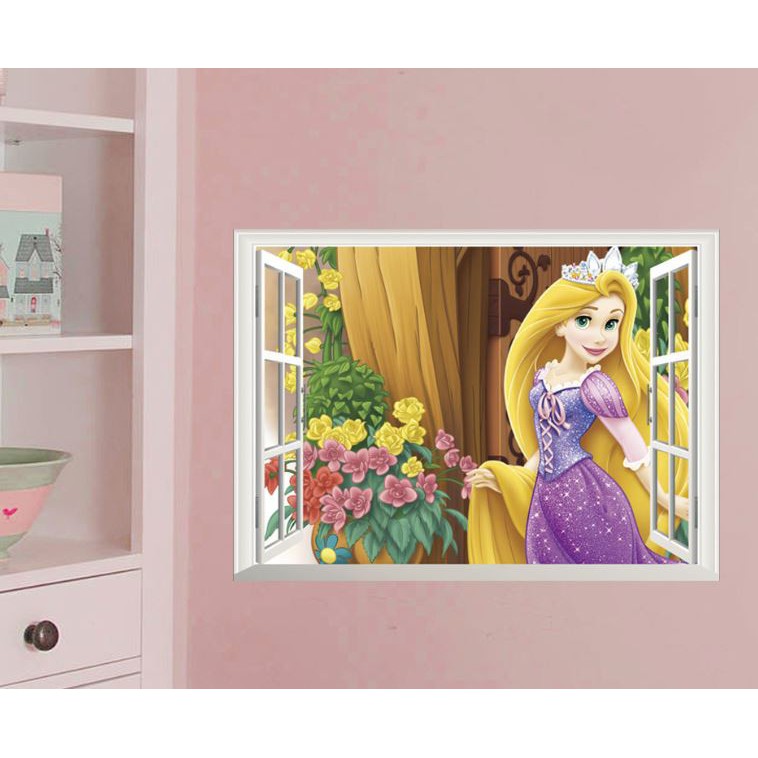 Giấy decal dán tường cửa sổ công chúa tóc mây vườn hoa
