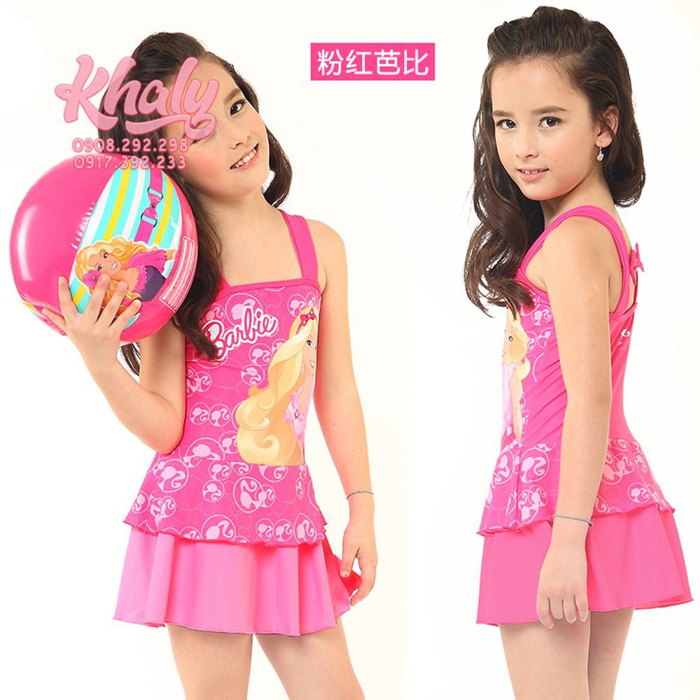 Bộ đồ bơi 2 dây bảng to liền thân tầng hình công chúa Barbie cài nơ màu hồng nhạt có size (L,XL) dành cho trẻ em, bé gái