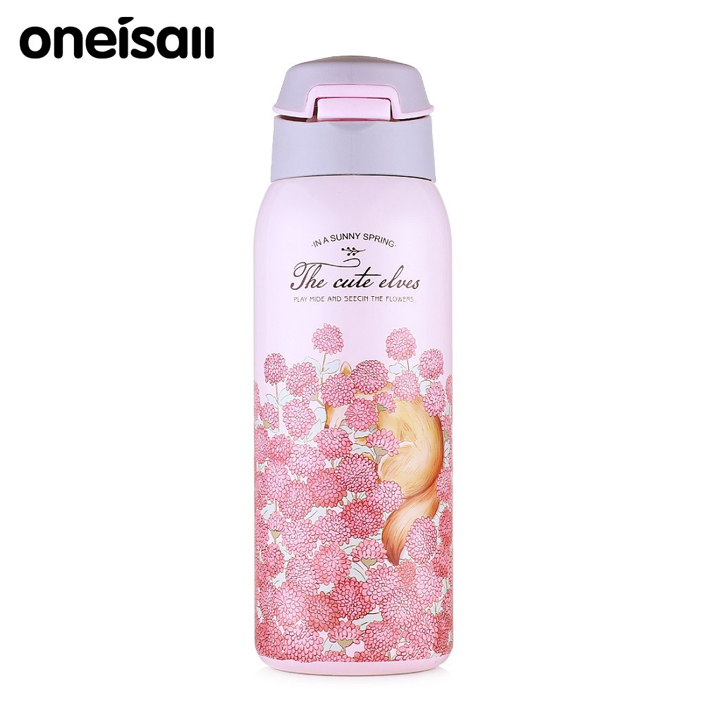 Bình giữ nhiệt ONEISALL bằng thép không gỉ có nắp đậy và ống hút chống gỉ nhỏ gọn kèm dây đeo 350ml