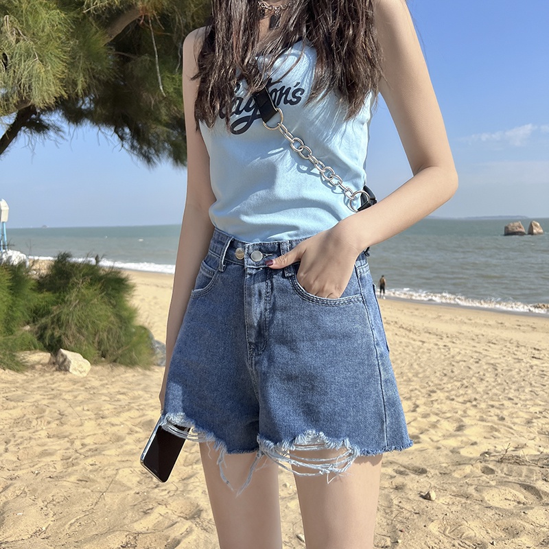 Quần Short Denim Lưng Cao Ống Rộng Theo Phong Cách Retro Hàn Quốc