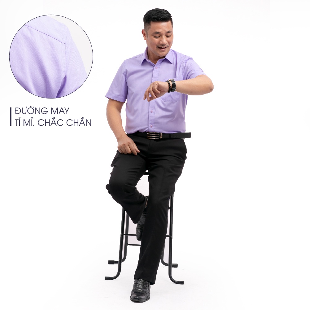 Áo Sơ Mi Nam Ngắn Tay Trung Niên ANCHI Màu Tím Nhạt Trơn Vải Sợi Tre Cao Cấp