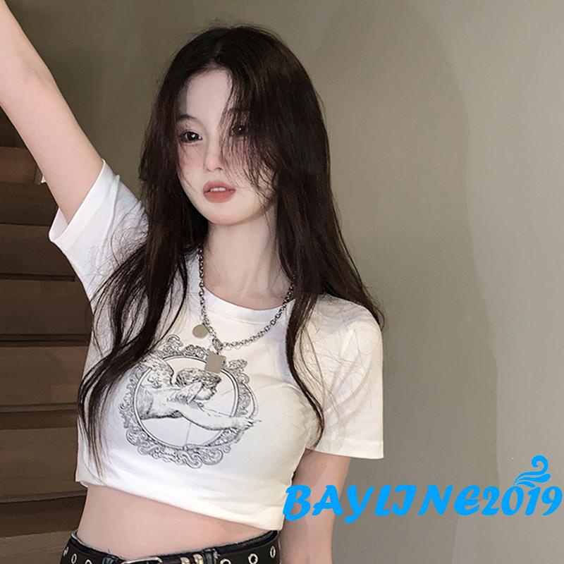 Áo Thun Croptop Tay Ngắn Cổ Tròn In Hình Thiên Thần Thời Trang Mùa Hè Cho Nữ