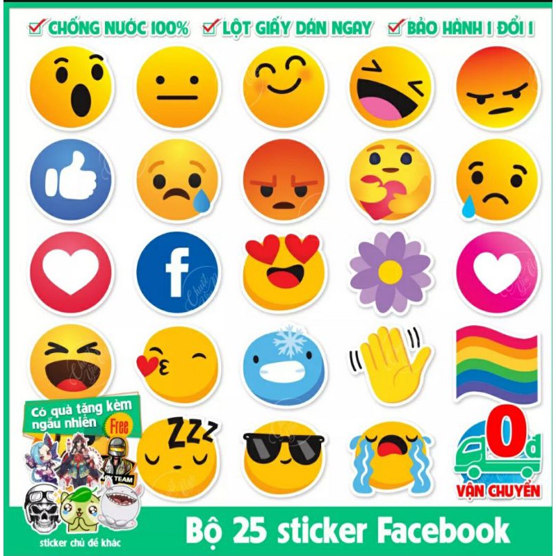 combo 25 Sticker Facebook decal chống nước dán laptop điện thoại, xe máy