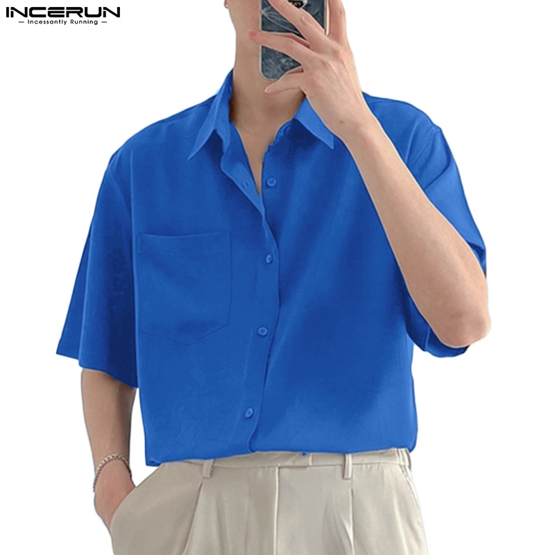 Áo sơ mi INCERUN ngắn tay màu sắc đơn giản dành cho nam