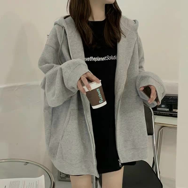 Áo khoác hoodie nỉ form rộng cho nữ áo hoodie zip trơn 1 màu xám sành điệu Shopmap