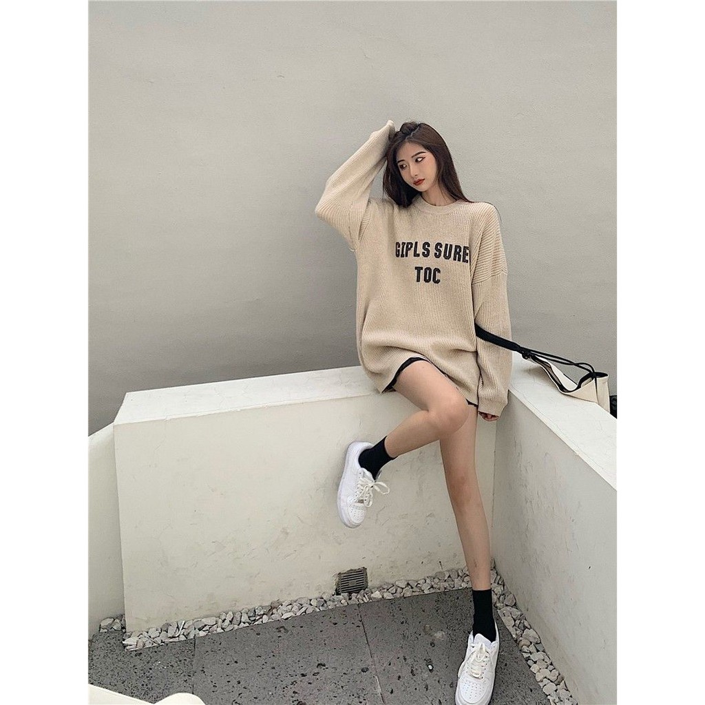 Áo len dáng suông in chữ cá tính dáng dài ulzzang - Có ảnh thật