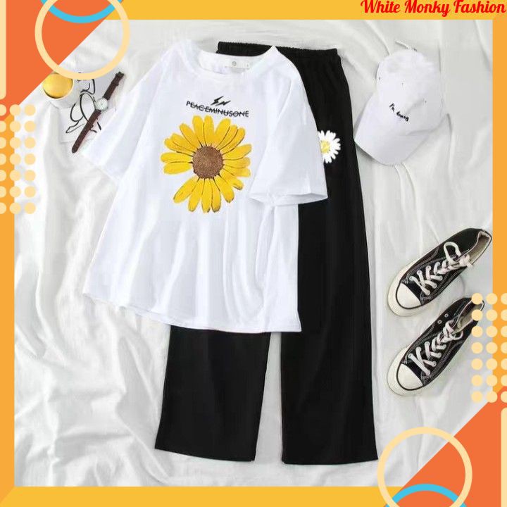 Sét Bộ Đồ Nữ Mùa Hè Mặc Đi Chơi,Dự Tiệc, Áo Phông Nữ Cotton Mát Mịn In Hoa Cúc Xinh Mix Quần Thun Cát Phong Cách Teen