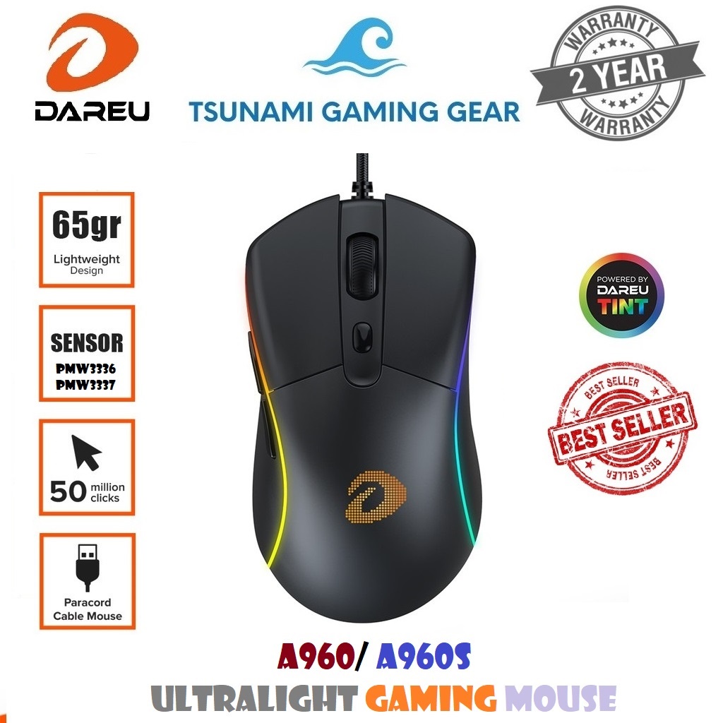 Chuột Gaming DAREU A960/ A960s BLACK ULTRALIGHT RGB/ Pixart PWM3336 - PWM3337/ màu đen