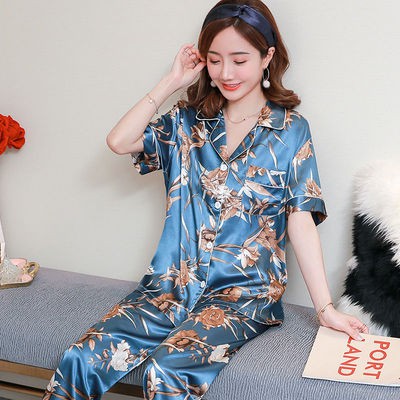 Bộ Đồ Ngủ Lụa 2 Món In Hoa Xinh Xắn Size M-5Xl đồ ngủ lụa váy ngủ lụa bigsize pijama lụa
