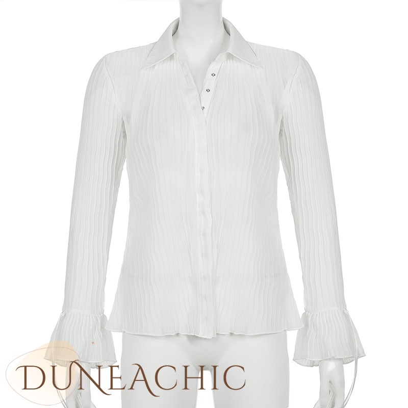 DUNEA Áo Sơ Mi Tay Dài Ống Loe Xẻ Tà Phối Nút Thời Trang Gợi Cảm Cho Nữ