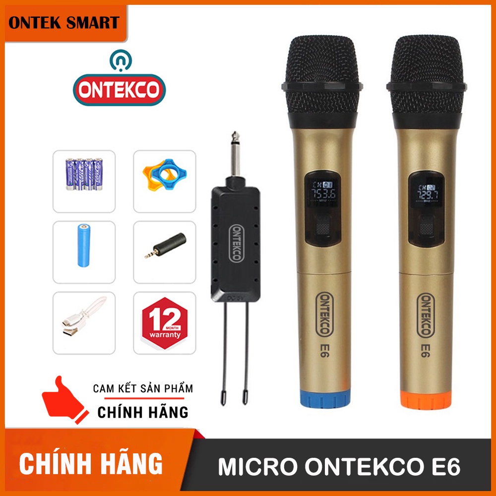 Trọn bộ 2 micro chính hãng ONTEKCO E6 đa năng dùng cho loa kéo, âm ly hát karaoke chuyên nghiệp