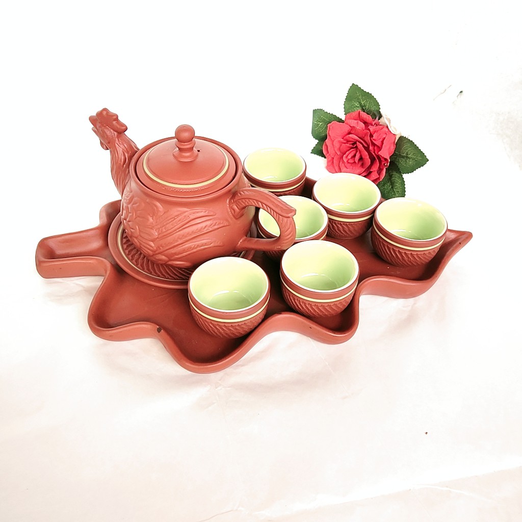 Shop Đa Ngành - Bộ ấm chén tử sa hình gà trống khay hình lá đẹp mà độc - Dung tích 350 ml