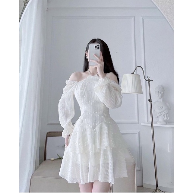 Đầm dự tiệc trắng cổ yếm hở vai thanh lịch - Ali Dress