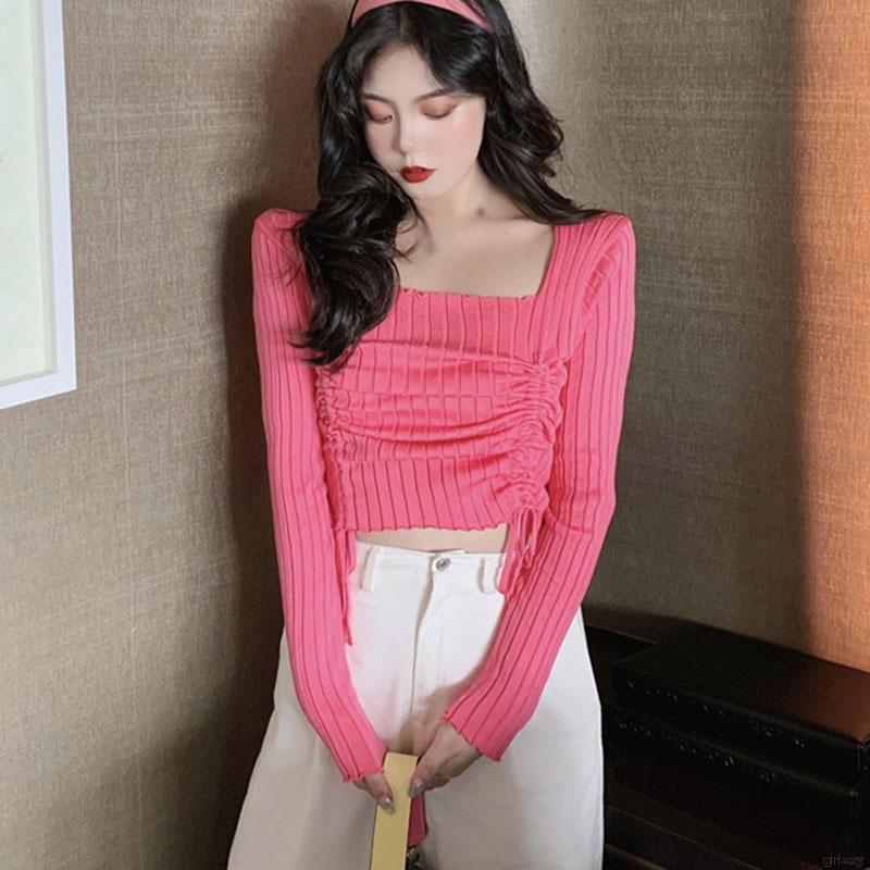 Korean Fashion Square Collar Solid Color Folds Long Sleeve Knitted Pullover T-Shirt