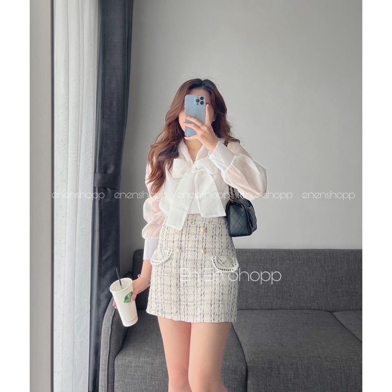 Áo organza cổ nơ